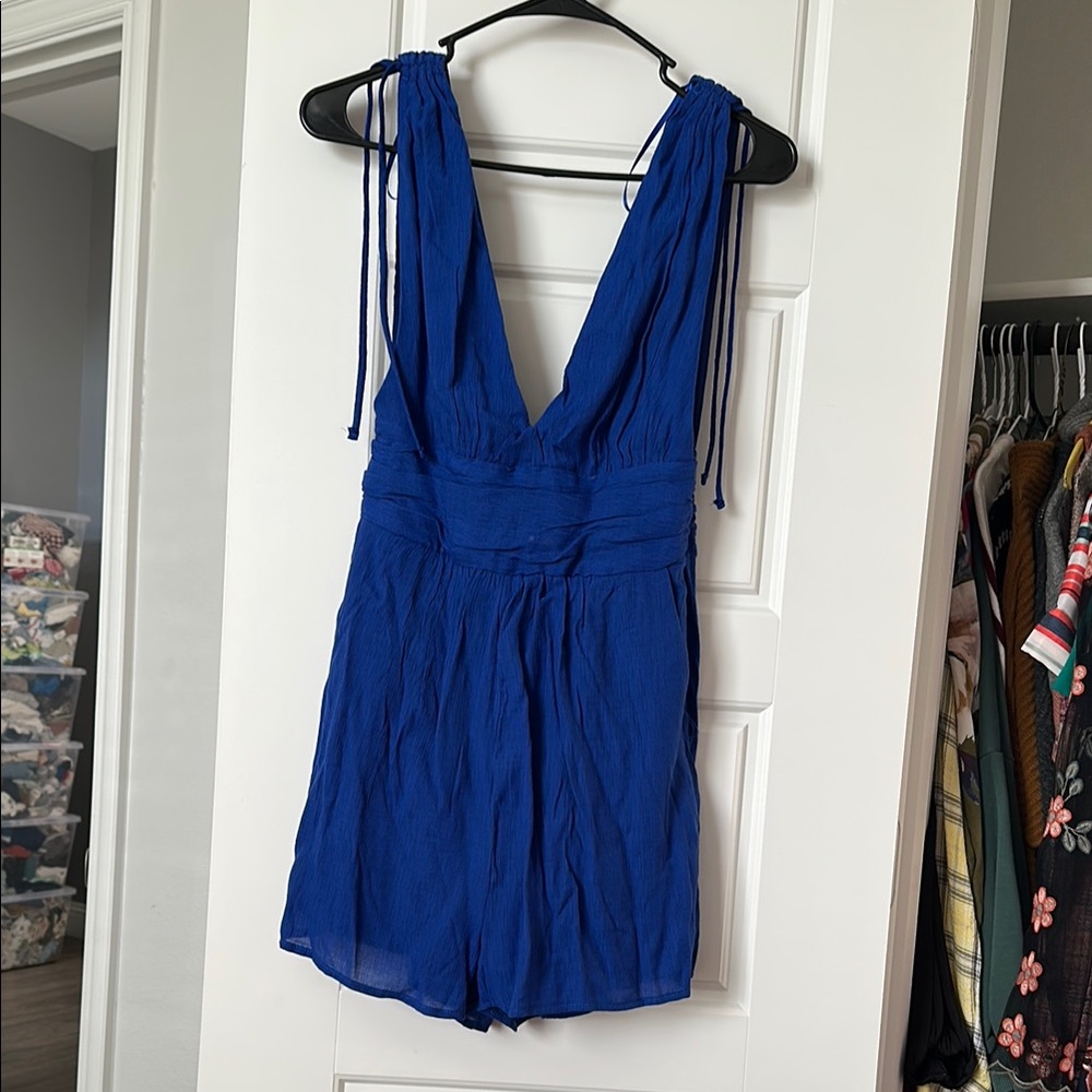 One Clothing Blue Romper with Plunging V-Neckline